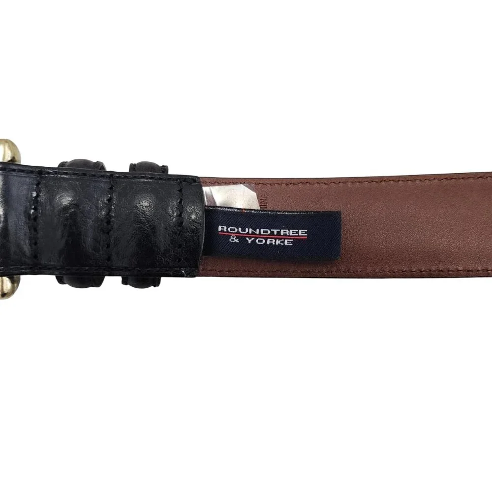 Roundtree and Yorke Leather Belt Mens Full Grain Cowhide Black Gold Tone Buckle